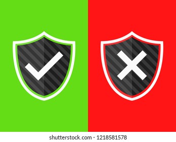Shield green with check mark and shield red cross sign vector