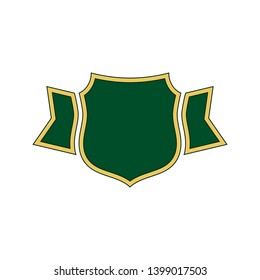 Shield green icon. Gold outline shield, simple ribbon isolated white background. Flat sign. Symbol guarantee protection, insurance, strong security, defense protect. Safety element Vector illustration