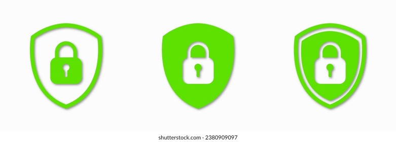 Shield green padlock lock icon set. Vector clipart illustration on white background. For web site or mobile app