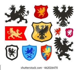 Shield with griffin, gryphon, eagle vector logo. Coat of arms, heraldry set icons