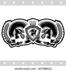 Shield with gryphon between two side on Spartan helmets and olive branches. Heraldic vintage label on white