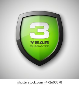 Shield with a guarantee 3 year icon. Label obligations, vector illustration.