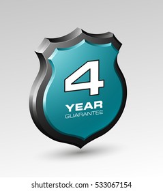 Shield with a guarantee four year icon. Warranty 4 Label obligations. Safeguard sign. Protect badge. Security Vector illustration