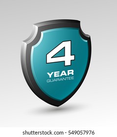 Shield with a guarantee four year icon. Warranty 4 Label obligations. Safeguard sign. Protect badge. Security Vector illustration