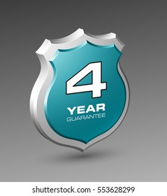 Shield with a guarantee four year icon. Warranty 4 Label obligations. Safeguard sign. Protect badge. Security Vector illustration