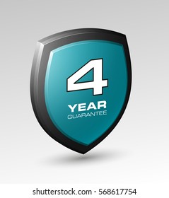 Shield with a guarantee four year icon. Warranty 4 Label obligations. Safeguard sign. Protect badge. Security Vector illustration