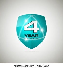 Shield with a guarantee four year icon. Warranty 4 year Label obligations. Safeguard shield sign. Protect promise reliability badge. Security guaranteed vector illustration