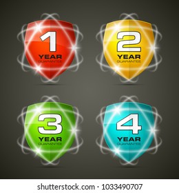 Shield with guarantee one, two, three, four year icon. Warranty 1 2 3 4 year Label obligations. Safeguard shield sign. Protect promise reliability badge. Security guaranteed vector illustration