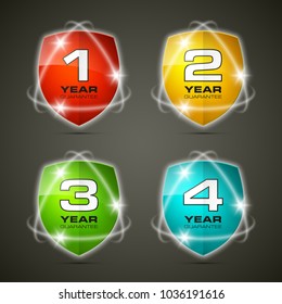 Shield with guarantee one, two, three, four year icon. Warranty 1 2 3 4 year Label obligations. Safeguard shield sign. Protect promise reliability badge. Security guaranteed vector illustration