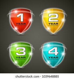 Shield with guarantee one, two, three, four year icon. Warranty 1 2 3 4 year Label obligations. Safeguard shield sign. Protect promise reliability badge. Security guaranteed vector illustration