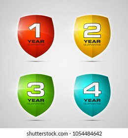 Shield with guarantee one, two, three, four year icon. Warranty 1 2 3 4 year Label obligations. Safeguard shield sign. Protect promise reliability badge. Security guaranteed vector illustration