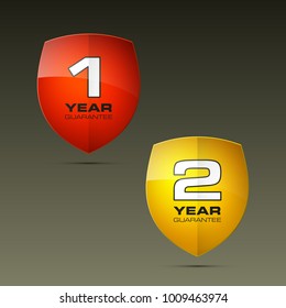 Shield with guarantee one & two year icon. Warranty 1 & 2 year Label obligations. Safeguard shield sign. Protect promise reliability badge. Security guaranteed vector illustration