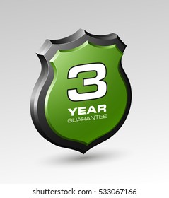 Shield with a guarantee three year icon. Warranty 3 Label obligations. Safeguard sign. Protect badge. Security Vector illustration