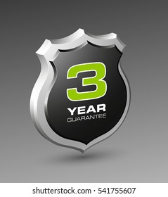 Shield with a guarantee three year icon. Warranty 3 Label obligations. Safeguard sign. Protect badge. Security Vector illustration