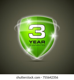 Shield with a guarantee three year icon. Warranty 3 Label obligations. Safeguard sign. Protect badge. Security Vector illustration