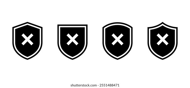 Shield guard with cross mark icon in generic style. Unsafe, no security sign symbol