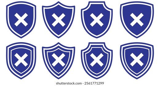 Shield guard with cross mark icon. Security Shield icon. unsafe protection sign on white background eps 10.