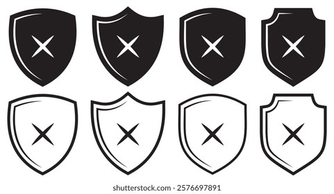 Shield guard with cross mark icon in generic style. Unsafe, no security sign symbol