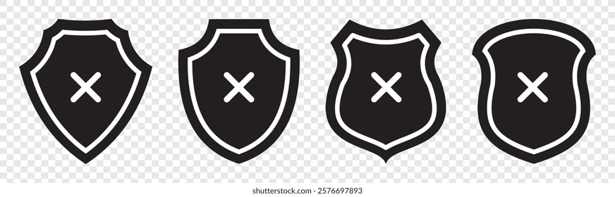 Shield guard with cross mark icon in generic style. Unsafe, no security sign symbol