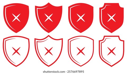 Shield guard with cross mark icon in generic style. Unsafe, no security sign symbol