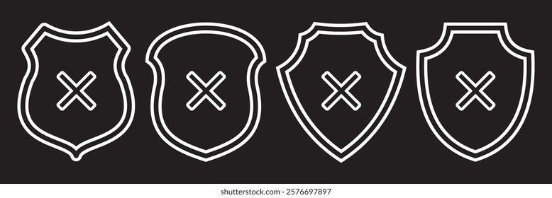 Shield guard with cross mark icon in generic style. Unsafe, no security sign symbol