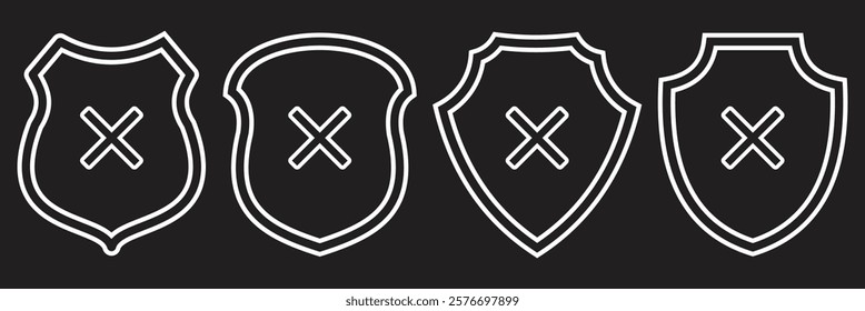 Shield guard with cross mark icon in generic style. Unsafe, no security sign symbol