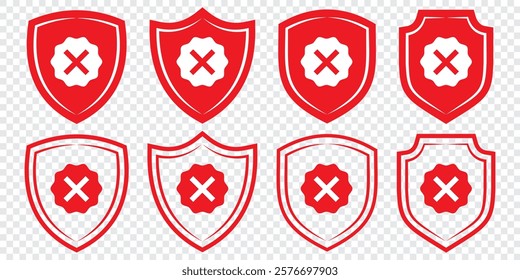 Shield guard with cross mark icon in generic style. Unsafe, no security sign symbol