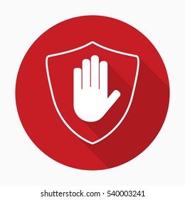 Shield with hand block icon in flat style with shadow. Stop hand red prohibition. Vector illustration