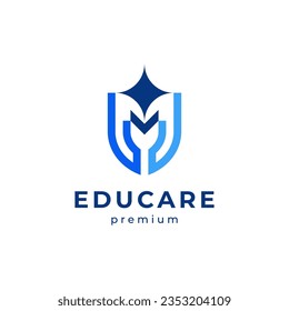 shield with hand, book and star for education, school and childcare logo design