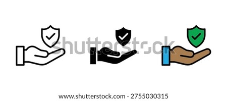 Shield in hand icon set. Security protection guarantee, safe insurance service, and reliable data privacy symbols. Vector Illustration.
