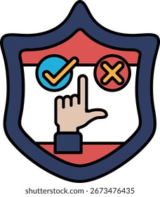 A shield with a hand pointing to a check mark and an X. The shield is blue and red