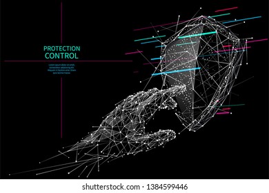 A shield and hand touching composed of polygons. Low poly vector illustration consists of lines, dots and shapes. Internet control protection or secure and computer symbol. Glitch Isolated abstract wh