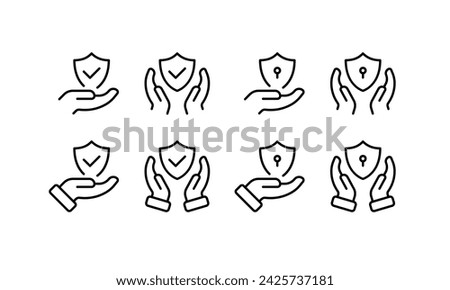 Shield in hands icons set. Protection design. Linear style. Vector icons