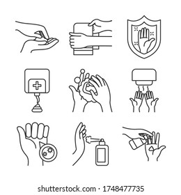 shield and handwashing icon set over white background, line style, vector illustration