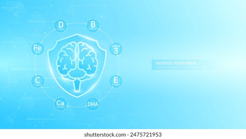 Proteja el cerebro sano y construya inmunidad con vitaminas minerales hierro calcio omega 3 rodeado. Nutrir con suplementos médicos. Se utiliza para diseñar anuncios de alimentos y medicamentos. Anuncio Vector.