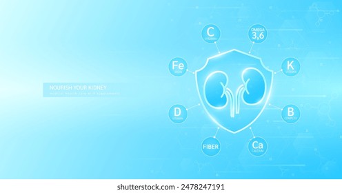 Shield healthy kidney build immunity with vitamin C minerals calcium iron and fiber omega 3 surrounded. Nourish by medical health care supplements. Used for designing food and medicine ads. Vector.