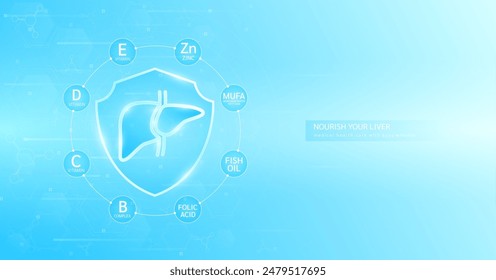 Shield healthy liver build immunity with Fish oil Folic acid Vitamins and Minerals zinc surrounded. Nourish by medical health care supplements. Used for designing food and medicine ads. Banner vector.