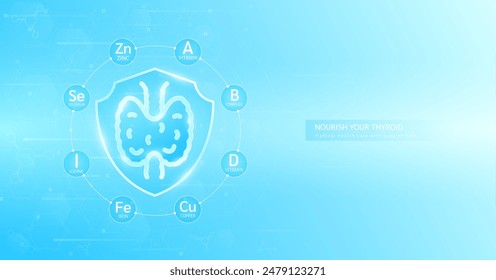 Shield healthy thyroid gland build immunity with vitamins minerals iodine calcium iron zinc surrounded. Nourish by medical health care supplements. Used for designing food and medicine ads. Vector.