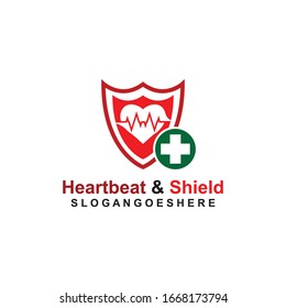 Shield, Heart beat pulse and cross Coloured green Logo Template Design vector for Business medical, Emblem, Design concept, Creative Symbol, Icon