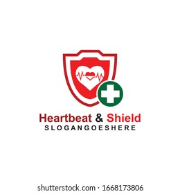Shield, Heart beat pulse and cross Coloured green Logo Template Design vector for Business medical, Emblem, Design concept, Creative Symbol, Icon