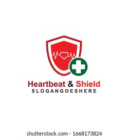 Blindaje, pulso de latido y plantilla de logotipo verde cruzado Vector de diseño para empresas médicas, Emblem, concepto de diseño, símbolo creativo, icono