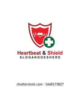 Blindaje, pulso de latido y plantilla de logotipo verde cruzado Vector de diseño para empresas médicas, Emblem, concepto de diseño, símbolo creativo, icono