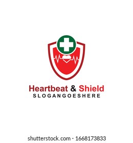 Shield, Heart beat pulse and cross Coloured green Logo Template Design vector for Business medical, Emblem, Design concept, Creative Symbol, Icon