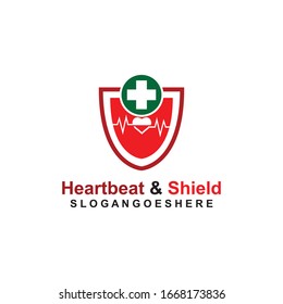 Shield, Heart beat pulse and cross Coloured green Logo Template Design vector for Business medical, Emblem, Design concept, Creative Symbol, Icon