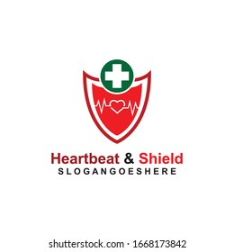 Shield, Heart beat pulse and cross Coloured green Logo Template Design vector for Business medical, Emblem, Design concept, Creative Symbol, Icon