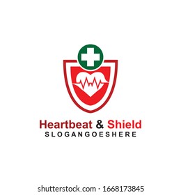 Blindaje, pulso de latido y plantilla de logotipo verde cruzado Vector de diseño para empresas médicas, Emblem, concepto de diseño, símbolo creativo, icono