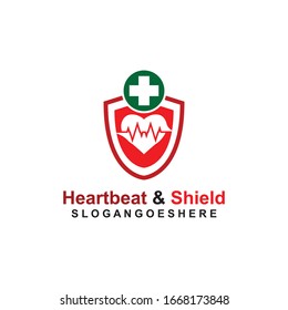 Blindaje, pulso de latido y plantilla de logotipo verde cruzado Vector de diseño para empresas médicas, Emblem, concepto de diseño, símbolo creativo, icono