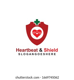 Shield, Heart beat pulse and cross Coloured green Logo Template Design vector for Business medical, Emblem, Design concept, Creative Symbol, Icon
