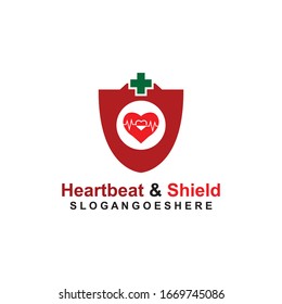 Blindaje, pulso de latido y plantilla de logotipo verde cruzado Vector de diseño para empresas médicas, Emblem, concepto de diseño, símbolo creativo, icono