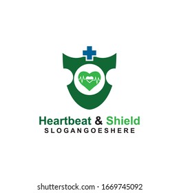 Blindaje, pulso de latido y plantilla de logotipo azul de color cruzado Vector de diseño para empresas médicas, Emblem, concepto de diseño, símbolo creativo, icono